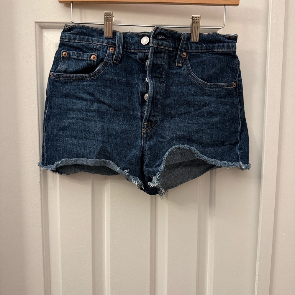 Levi's 501 Cut Off Fray Raw Hem Dark Denim Button Fly High Waist Shorts